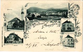 1898 (Vorläufer) Bugojno, Dzamija, Konak, Hotel Vrbas, Hotel Kod crnog orla / mosque, general view with railway station, hotels. Druck von Ed. Strache Art Nouveau, floral (cut)