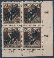 Temesvár 1919 Károly 50f/20f fekete felülnyomással ívsarki négyestömbben. Rendkívül ritka, főleg összefüggésben! / Mi 4 with black overprint in corner block of 4. RRR. Signed: Bodor. Certificate: Barabássy