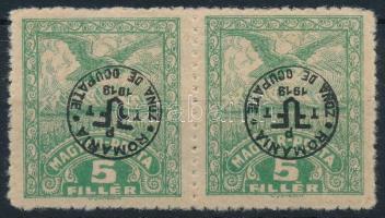 Debrecen II. 1920 5f pár közönséges papíron fordított felülnyomással / Mi 79x pair with inverted overprint. Signed: Bodor