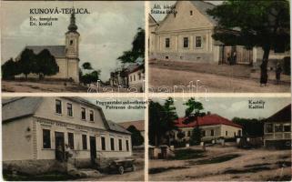 1935 Kuntapolca, Kunova Teplica; Evangélikus templom, állami iskola, fogyasztási szövetkezet üzlete és saját kiadása, autó, kastély / Lutheran church, school, cooperative shop, automobile, castle (EK)