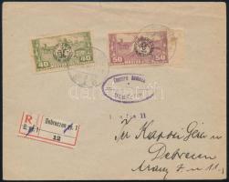 1920 Debrecen helyi ajánlott levél 2 db bélyeggel, cenzúrázva / Registered censored local cover with 2 stamps. Signed: Bodor