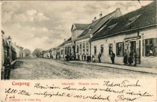 1902 Csepreg, Iskola tér, Hosszú utca, Kohn Sándor üzlete (EK)