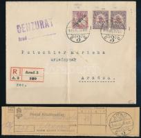 1919 Arad helyi cenzúrázott ajánlott levél 2 db Arad és 1 db Szeged bélyeggel bérmentesítve, postai feladóvevénnyel / Local censored registered cover with mixed franking and receipt. Signed: Bodor