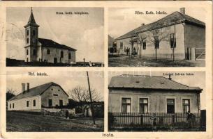 1939 Inota (Várpalota), Római katolikus templom és iskola, református iskola, Lóránt István főgondnok háza. Eszes József kiadása (fa)