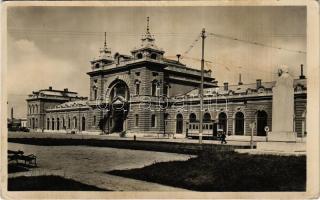 1949 Szombathely, vasútállomás, villamos. FORTE Fotokémiai Ipar rt. képeslevelezőlap osztálya (Rb)