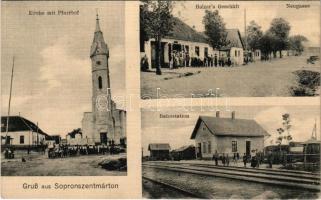 Sopronszentmárton, Markt Sankt Martin; utca, templom és paplak, vasútállomás, üzlet / Neugasse, Kirche mit Pfarrhof, Bahnstation, Holzer's Geschäft / street, church, rectory, railway station, shop