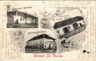 1905 Sopronszentmárton, Szentmárton, Markt Sankt Martin; Gebrüder Berthan, Geschäft des Josef Heinz, Herrschaftshaus / Berthan testvérek és Heinz József üzlete, Uradalmi ház / shops, manor house. Art Nouveau, floral (EK)