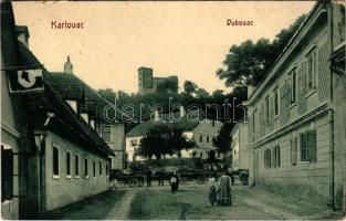 1910 Károlyváros, Karlovac; Dubovac / Dobóc vára, utca, piac, üzletek. W.L. Bp. 1694. Ivan Sagan kiadása / castle, street, market, shops (EK)