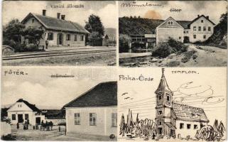 Pinkaóvár, Burg (Sámfalva); Óvár-Vashegy Vasútállomás, Főtér, műmalom. Kiadja Graf Gyula / Mühle, Burg-Eisenberg Bahnhof, Hauptplatz / railway station and mill, church (EK)