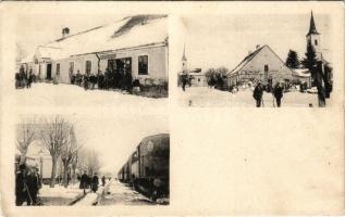 1928 Rojcsa, Rovisce; Trgovina Koloman Steiner / shop of Koloman Steiner, main square, church, railway station in winter, locomotive, train (Rb)