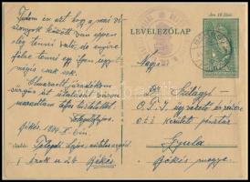 1944 Távolsági 18f díjjegyes levezőlap Békésről Gyulára Útőri futárpostával / Domestic postcard with road guard courier, from Békés to Gyula.