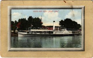 Orsova, Gruss vom Bord "JOSEF CARL" / JOSEF CARL lapátkerekes gőzhajó. Mathias Grieser kiadása / Hungarian passenger steamship (kopott sarkak / worn corners)