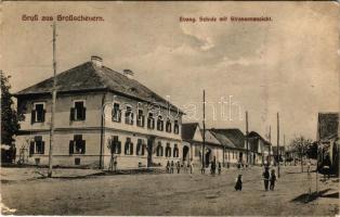 1915 Nagycsűr, Großscheuern, Sura Mare; Evang. Schule mit Strassenansicht / Evangélikus iskola, utca részlet. Josef Briegel kiadása / Lutheran school, street view + "K.U.K. GEBIRGSTRAINESKADRON Nr. 3/9" (EK)