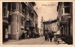 Parma, Via Cavour, Barilla / street, shops, tram