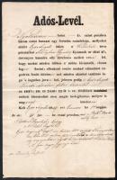 1849.VI.1 Adós-levél győrszigeti lakos nevére kiállítva, érdekes magyar címeres vízjellel. Hátoldalán 1852-es bejegyzéssel, mely szerint megterhelték a házát. Érdekes okmány a szabadságharc idejéből. Apró lapszéli szakadással.