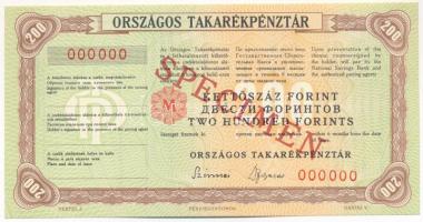 ~1970. "Országos Takarékpénztár" csekk 200Ft "SPECIMEN (MINTA)" bélyegzéssel, "000000"-s sorszámmal T:AU / Hungary ~1970. "Országos Takarékpénztár" cheque 200 Forint with "SPECIMEN (MINTA)" overprint and "000000" serial number C:AU