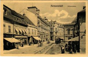 1909 Nagyszeben, Hermannstadt, Sibiu; Heltauergasse / Nagydisznódi utca, villamos, I. Vogelsang üzlete. Georg Meyer kiadása / street view, tram, shops