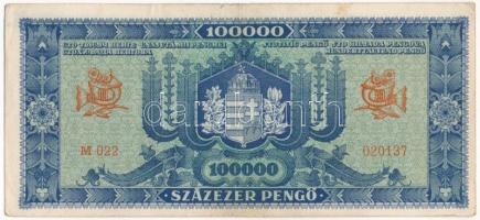 1945. 100.000P kék színű "M 022 020137", zöld "MNB" bélyeggel T:F apró folt, kis...