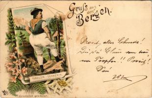 1894 (Vorläufer) Tirol, Gruss aus den Bergen, Tiroler Sennerin / Tyrolean dairymaid, folklore. Art Nouveau, floral, litho (EK)