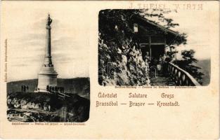 Brassó, Kronstadt, Brasov; Árpád szobor, Millenniumi emlékmű, Bethlen-barlang. Ciurcu könyvkereskedés kiadása / Statua lui Arpad, Pestera lui Bethlen / Arpad-Denkmal, Bethlens-Grotte / Hungarian Millennium monument, cave, inn