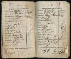 1846-1853 Vándorlókönyv magyaróvári születésű Wolfram Henrik rézműves részére, több mint 150 bejegyz...