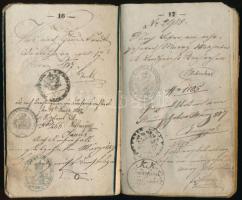 1846-1853 Vándorlókönyv magyaróvári születésű Wolfram Henrik rézműves részére, több mint 150 bejegyz...