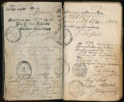 1846-1853 Vándorlókönyv magyaróvári születésű Wolfram Henrik rézműves részére, több mint 150 bejegyz...