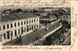 1905 Radauti, Radóc, Radautz (Bukovina, Bucovina, Bukowina); general view, shops of Carl Dauber, Salomon Sonnenthal, Josef Farkas, Feibel Gutman, Josef Dokupil, Herzberg. Verlag Salomon Hirsch. Phot. L. Seliger (tears)