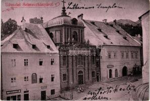 1900 Selmecbánya, Schemnitz, Banská Stiavnica; Lutheránus templom, W. Howorka és Molnár F. üzlete, cukrászat / church, shops, confectionery (fl)