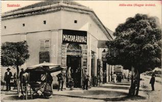 Szatmárnémeti, Satu Mare; Attila utca, Magyar áruház üzlete és saját kiadása, utcai árus / street, shop, market vendor (fl)