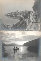 cca 1920 Svájci kilátó, hegyi vasút, csónakázók, tájak, 5 db feliratozott vintage fotó, ezüst zselat...