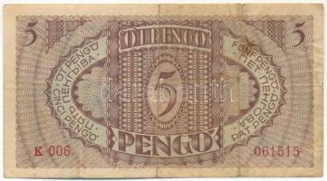 1938. 5P "K 006 061515" T:F,VG folt, RR! / 
Hungary 1938. 5 Pengő "K 006 061515"...