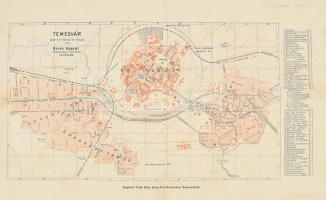 cca 1890-1900 Temesvár szab. kir. város tervrajza, Temesvár, Beyer Róbert kőnyomdai műintézet nyomása, kissé sérült, foltos, hátul ragasztással javított, "Dr. Braier fogorvos" névbejegyzéssel, a hátoldalon további ceruzás feljegyzésekkel, 26x42 cm