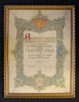 1933 Worschitz Antal díszelnökévé avatásának díszes emléklapja üvegezett keretben, mellé 35 éves jub...