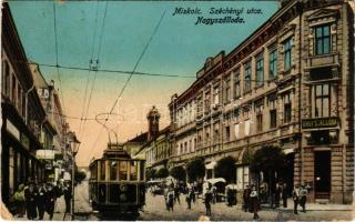 1915 Miskolc, Széchenyi utca, nagyszálloda, villamos, üzletek (szakadás / tear)