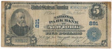 Amerikai Egyesült Államok 1922-1927. (1902) 5$ "National Park Bank - New York", "National Bank Note", kék pecsét, hátlapi évszám nélkül, "J.W. Lyons - E.H. Roberts - J.H. Fulton" aláírások T:F,VG / USA 1922-1927. (1902) 5 Dollars "National Park Bank - New York", "National Bank Note", blue seal, plain back, "J.W. Lyons - E.H. Roberts - J.H. Fulton" signatures C:F,VG Hessler-Chambliss 2006. 466.p