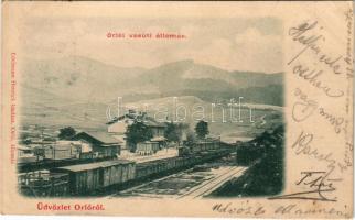 1900 Orló, Orlov; vasútállomás, vonat, gőzmozdony. Edelmann Henrik kiadása / railway station, locomotive, train