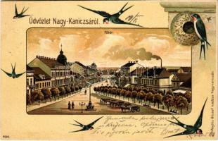 1903 Nagykanizsa, Fő tér. Ifj. Wajdits József kiadása, fecskés dombornyomott keret. Art Nouveau Emb. swallow litho