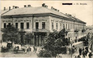 1915 Drohobych, Drohobycz, Drohobics; Ul. Stryjska / street, pharmacy, bank, market, shops. Verlag Leon Rosenschein + "K.u.K. Eisenbahnkomp. No. 15." "K.U.K. FELDPOSTAMT 116" (EK)