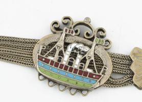 Ezüstözött óralánc zománc gőzhajó charmmal, valamint más hajós charmokkal ca 1890