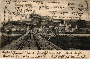 1904 Trencsén, Trencín; vár a vasúti sínekről nézve. Szold E. kiadása / castle from the railway tracks (szakadás / tear)