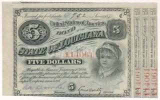 Amerikai Egyesült Államok / Louisiana ~1880. Louisiana Állam Kötvénye 5$ értékben, szelvényekkel T:AU / USA / Louisiana ~1880. Bond of the State Louisiana in value of 5 Dollars with coupons C:AU