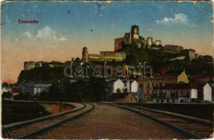 1917 Trencsén, Trencín; vár a vasúti sínekkel, Nemar József és Ripka Arisztid üzlete / castle and railway tracks, shops (EK)