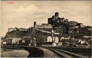 Trencsén, Trencín; vár a vasúti sínekkel. Gansel Lipót kiadása / castle and railway tracks