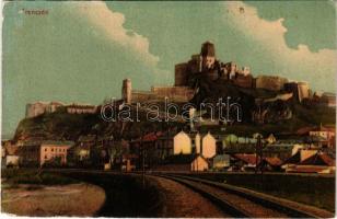 Trencsén, Trencín; vár a vasúti sínekkel. Gansel Lipót kiadása / castle and railway tracks (EK)