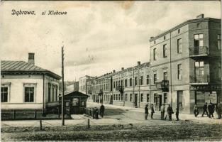 1916 Dabrowa, Dabrowa Górnicza; Ul. Klubowa / street view, shops + "K.u.K. Feldjägerbataillon Nr. 13. Ersatzkompagnie" "K.u.K. Kreiskommando DABROWA Zensurstelle" (slightly wet corner)