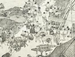 5 db kínai v. japán grafikákról készült fekete-fehér reprodukció, lapméret: 41,5x31 cm