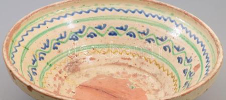 Lakodalmas tál. Somogy. XIX: sz. mázas cserép, kézzel festett, sérült d: 37 cm