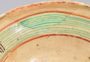 Lakodalmas tál. Somogy. XIX: sz. mázas cserép, kézzel festett, sérült, pótolt résszel d: 37 cm