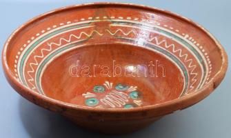 Lakodalmas tál. Somogy. XIX: sz. mázas cserép, kézzel festett, sérült, pótolt résszel d: 46 cm